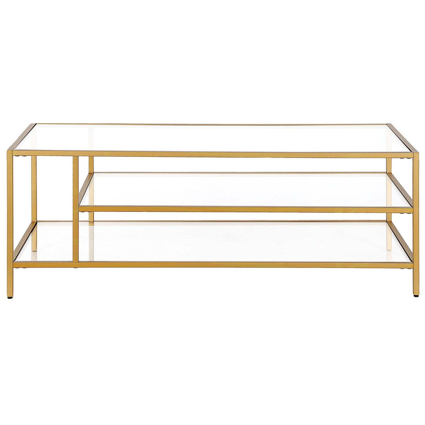 46" Gold Glass And Steel Coffee Table With Two Shelves - FurniFindUSA