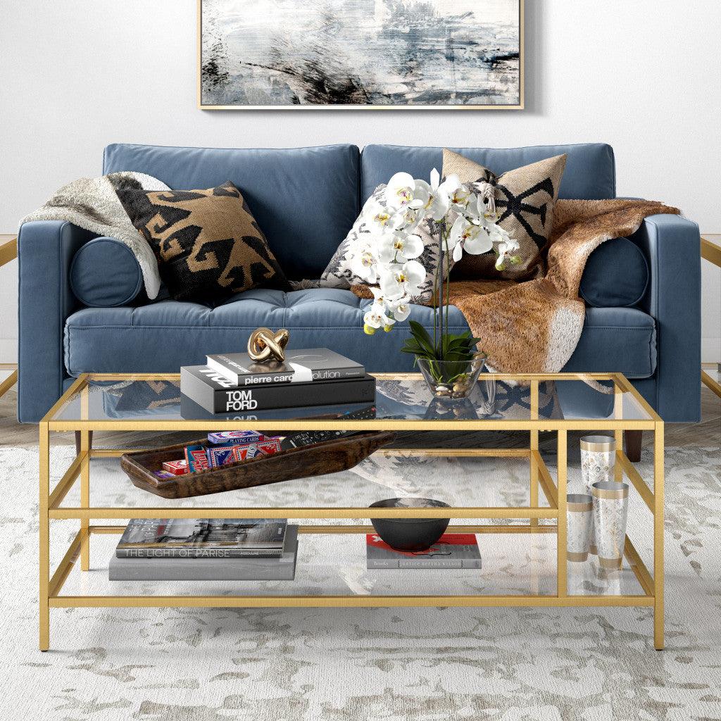 46" Gold Glass And Steel Coffee Table With Two Shelves - FurniFindUSA