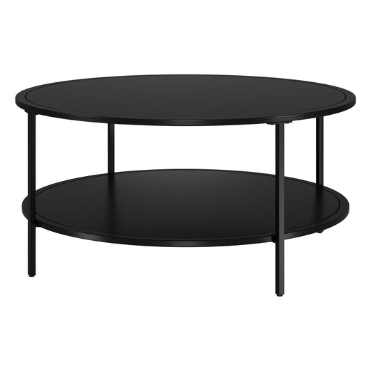 36" Black Glass And Steel Round Coffee Table With Shelf - FurniFindUSA