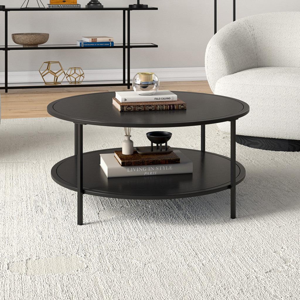 36" Black Glass And Steel Round Coffee Table With Shelf - FurniFindUSA