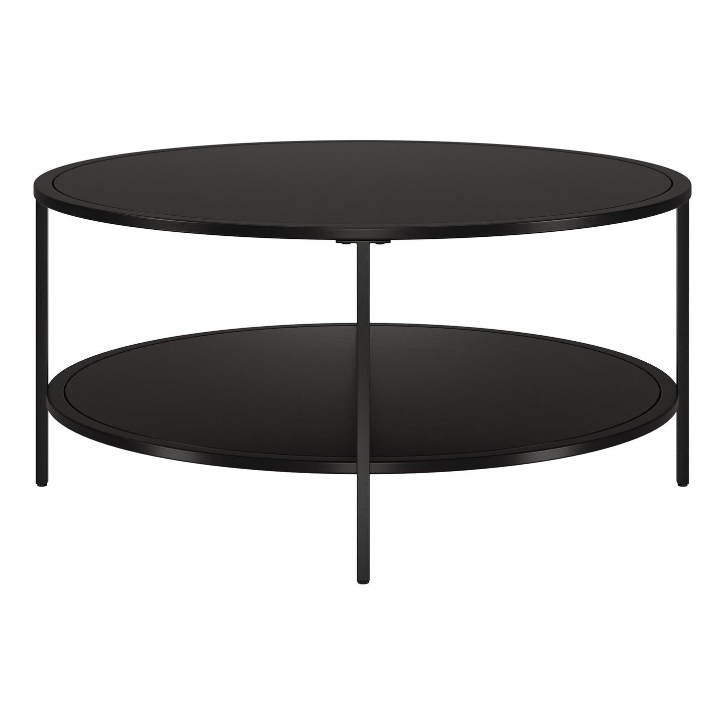 36" Black Glass And Steel Round Coffee Table With Shelf - FurniFindUSA