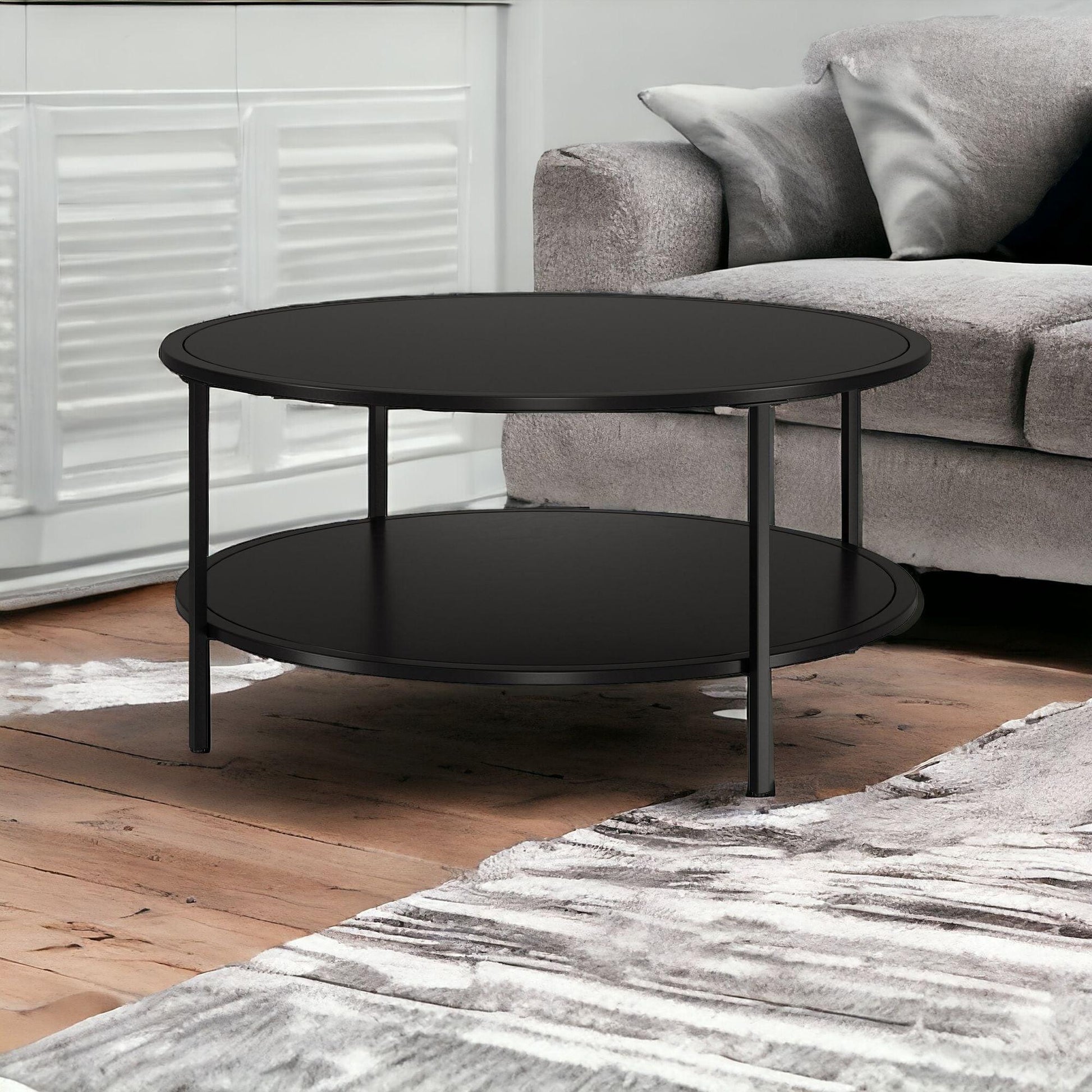 36" Black Glass And Steel Round Coffee Table With Shelf - FurniFindUSA