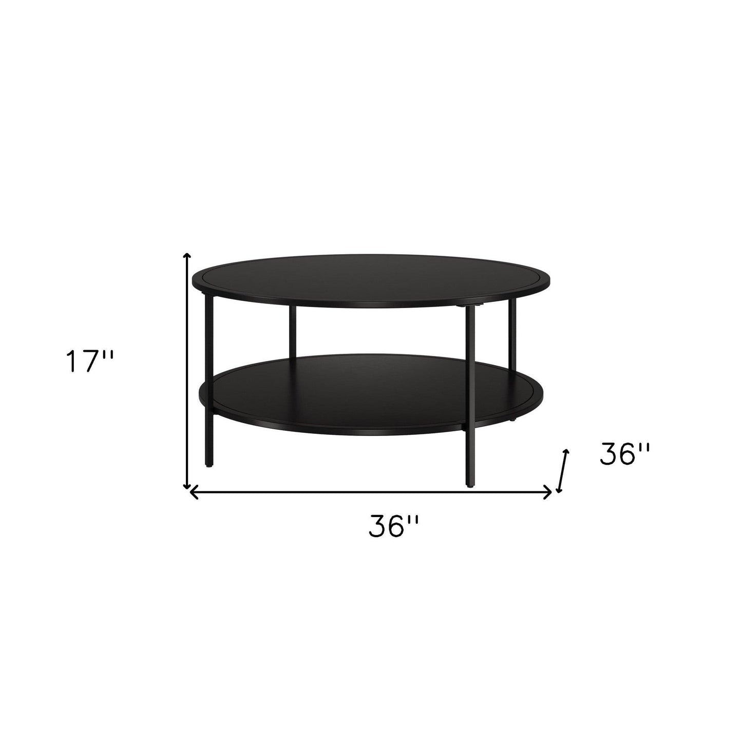 36" Black Glass And Steel Round Coffee Table With Shelf - FurniFindUSA