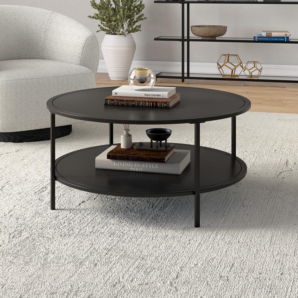 36" Black Glass And Steel Round Coffee Table With Shelf - FurniFindUSA