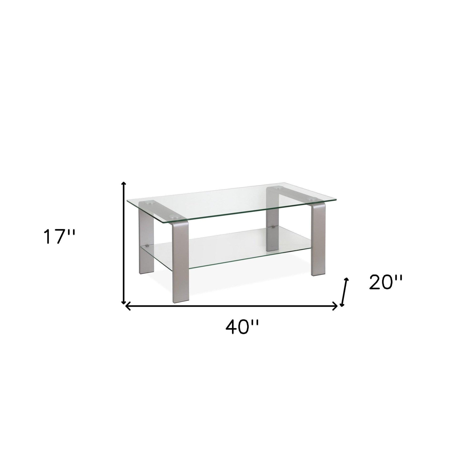 40" Silver Glass And Steel Coffee Table With Shelf - FurniFindUSA