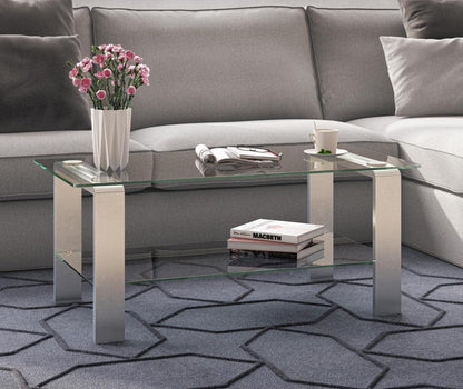 40" Silver Glass And Steel Coffee Table With Shelf - FurniFindUSA