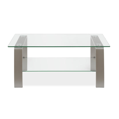 40" Silver Glass And Steel Coffee Table With Shelf - FurniFindUSA