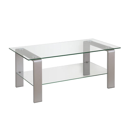 40" Silver Glass And Steel Coffee Table With Shelf - FurniFindUSA