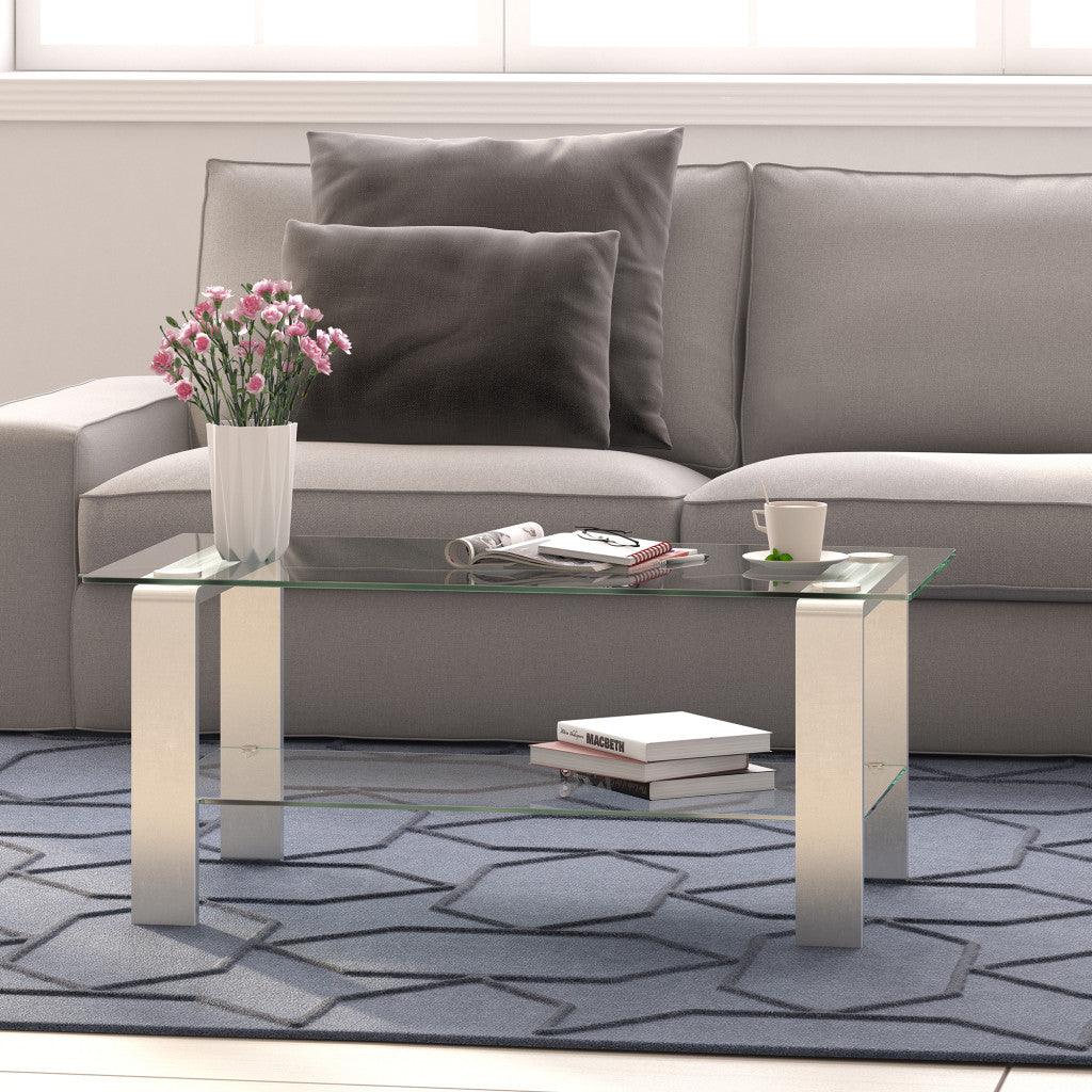 40" Silver Glass And Steel Coffee Table With Shelf - FurniFindUSA