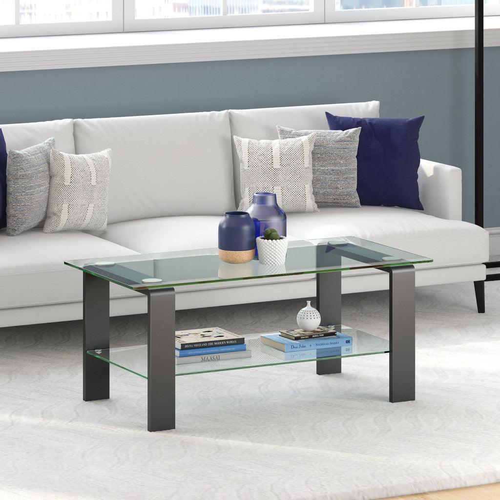 40" Gray Glass And Steel Coffee Table With Shelf - FurniFindUSA