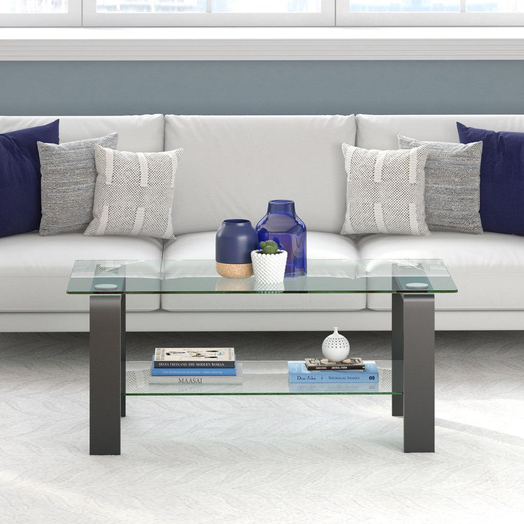 40" Gray Glass And Steel Coffee Table With Shelf - FurniFindUSA