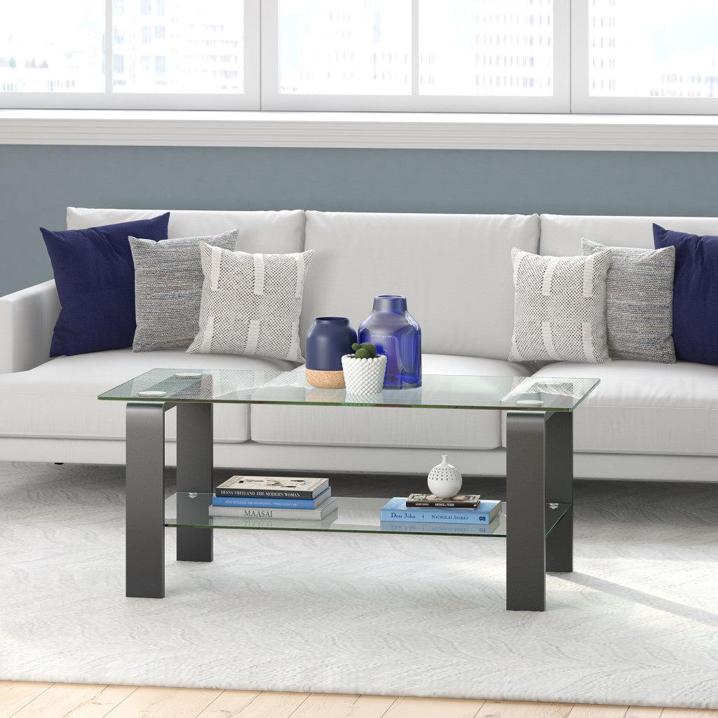 40" Gray Glass And Steel Coffee Table With Shelf - FurniFindUSA