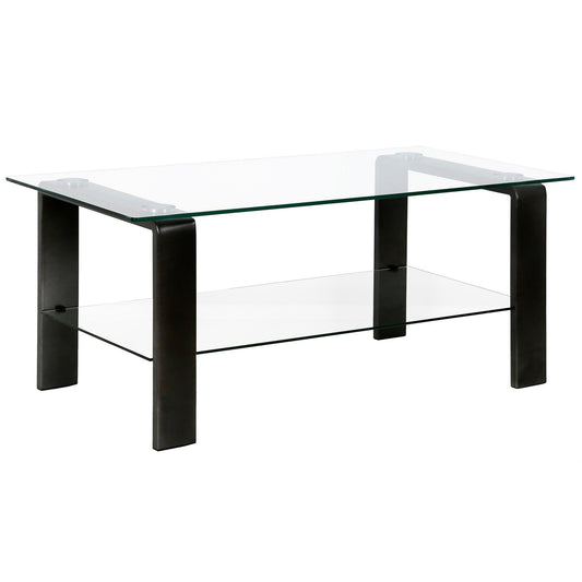 40" Black Glass And Steel Coffee Table With Shelf - FurniFindUSA