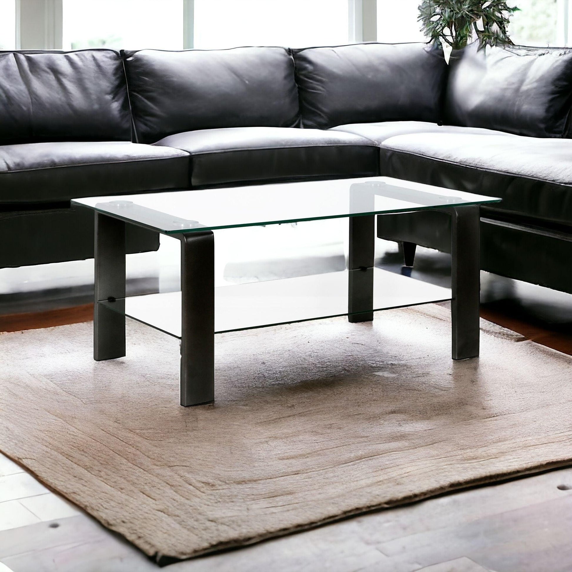 40" Black Glass And Steel Coffee Table With Shelf - FurniFindUSA