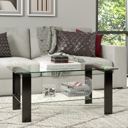 40" Black Glass And Steel Coffee Table With Shelf - FurniFindUSA