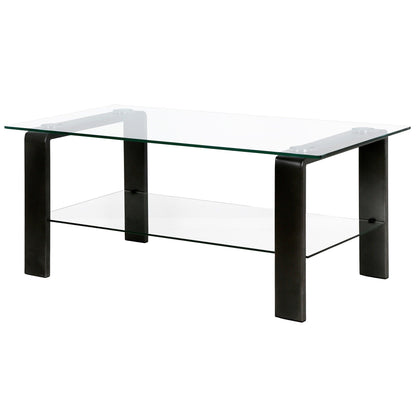 40" Black Glass And Steel Coffee Table With Shelf - FurniFindUSA