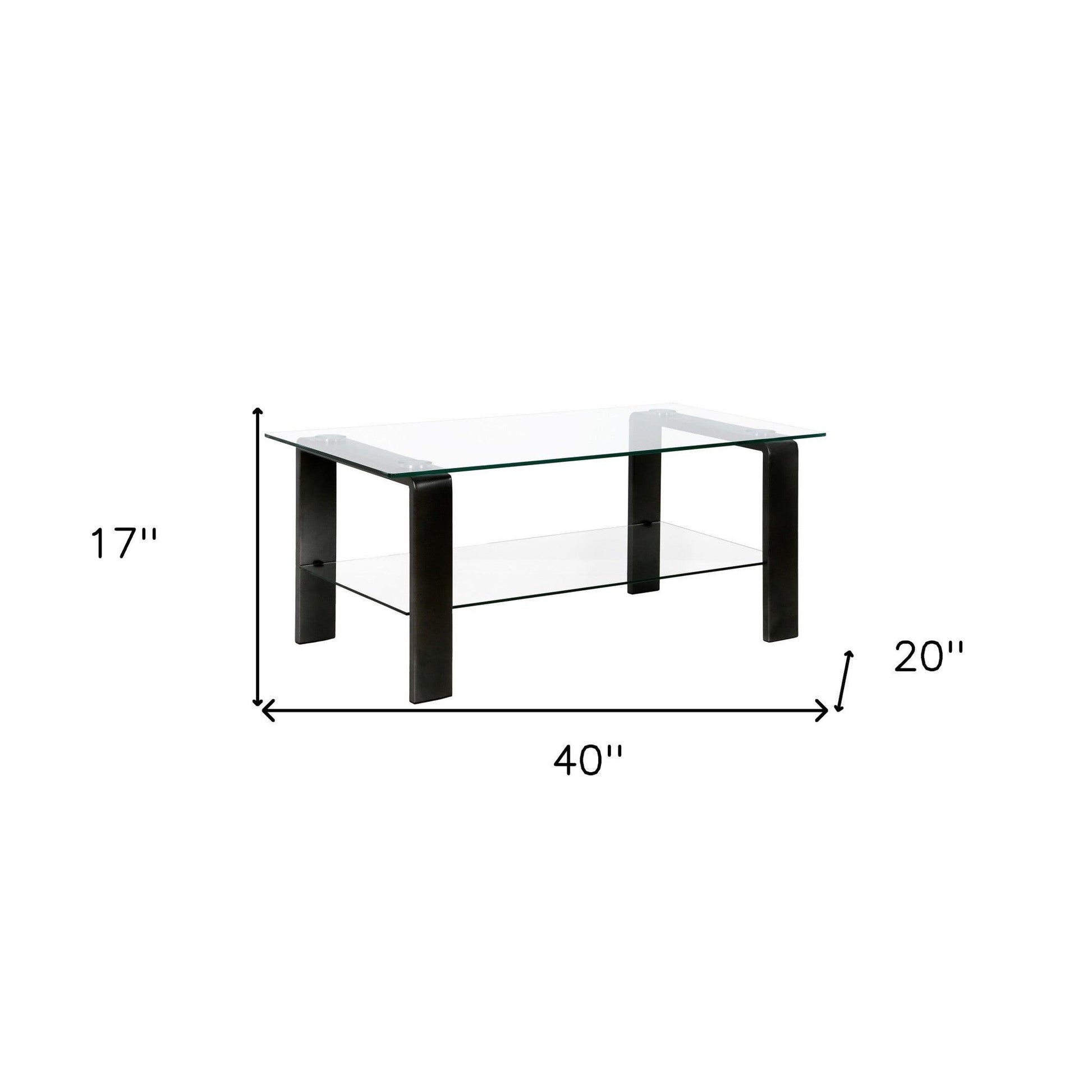 40" Black Glass And Steel Coffee Table With Shelf - FurniFindUSA