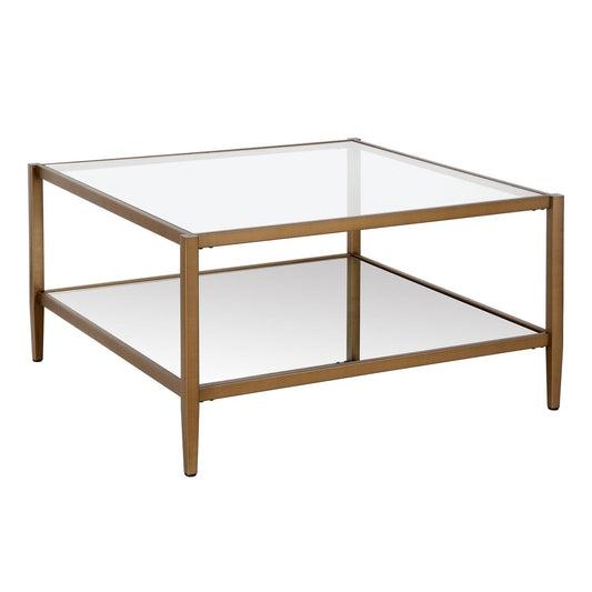 32" Gold Glass And Steel Square Coffee Table With Shelf - FurniFindUSA