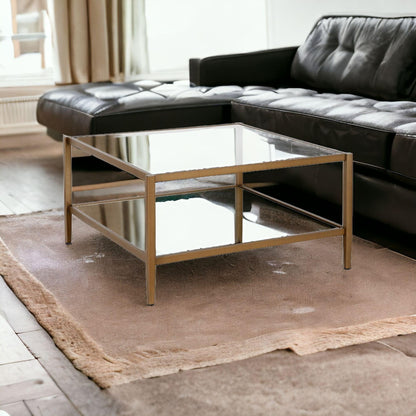 32" Gold Glass And Steel Square Coffee Table With Shelf - FurniFindUSA