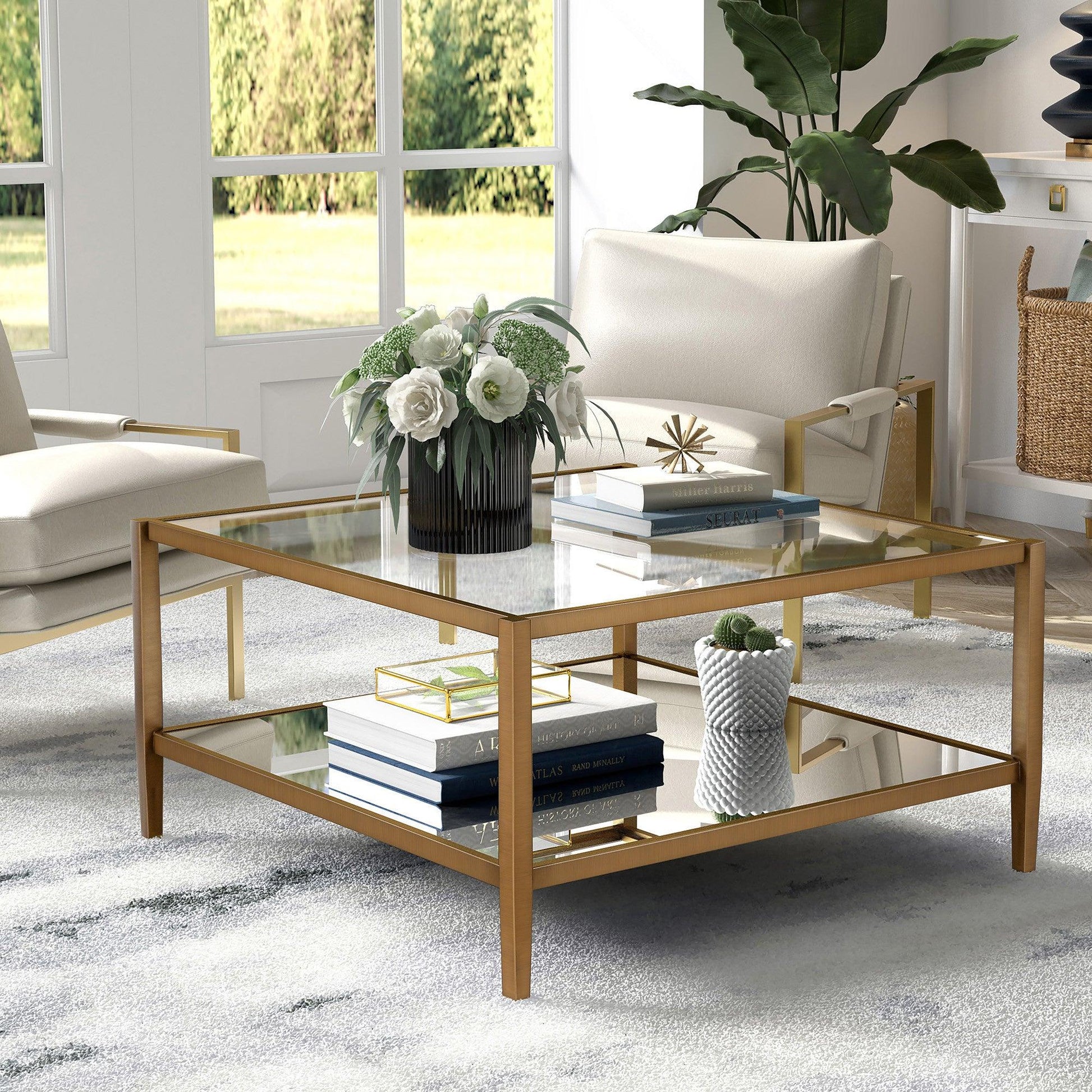 32" Gold Glass And Steel Square Coffee Table With Shelf - FurniFindUSA