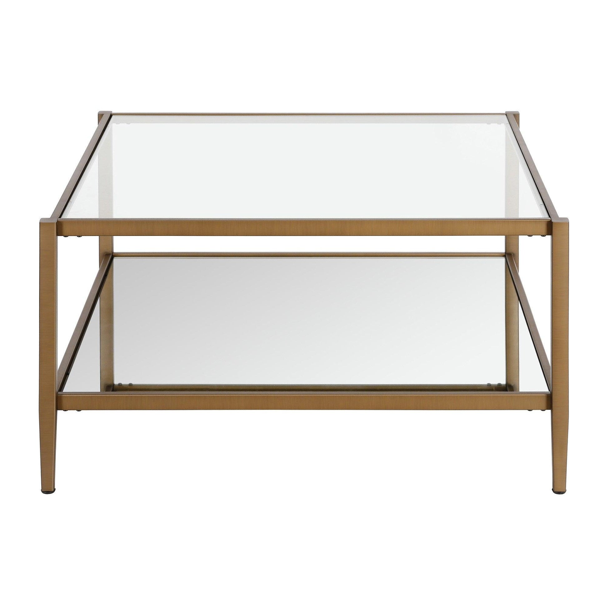 32" Gold Glass And Steel Square Coffee Table With Shelf - FurniFindUSA