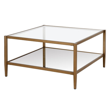 32" Gold Glass And Steel Square Coffee Table With Shelf - FurniFindUSA