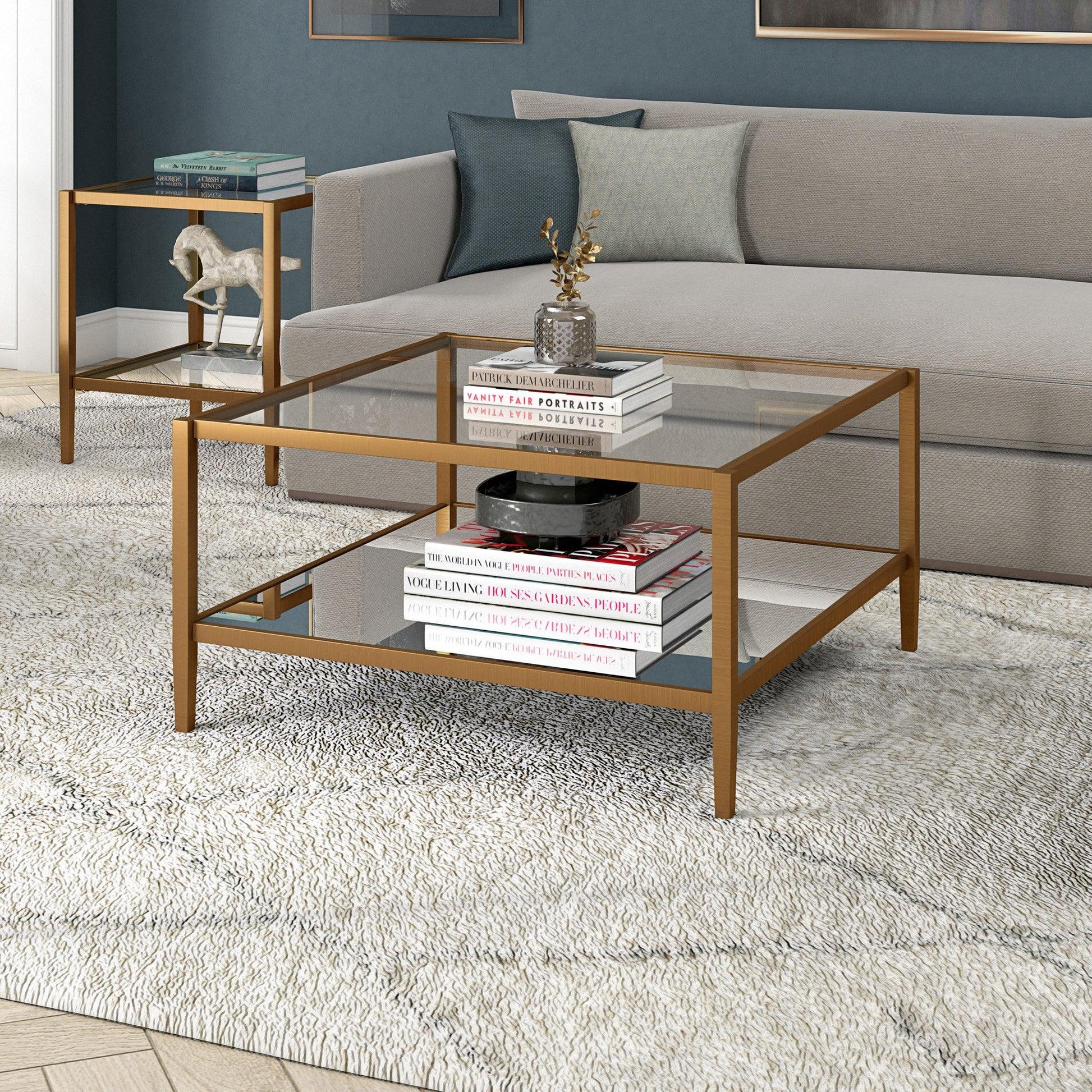 32" Gold Glass And Steel Square Coffee Table With Shelf - FurniFindUSA