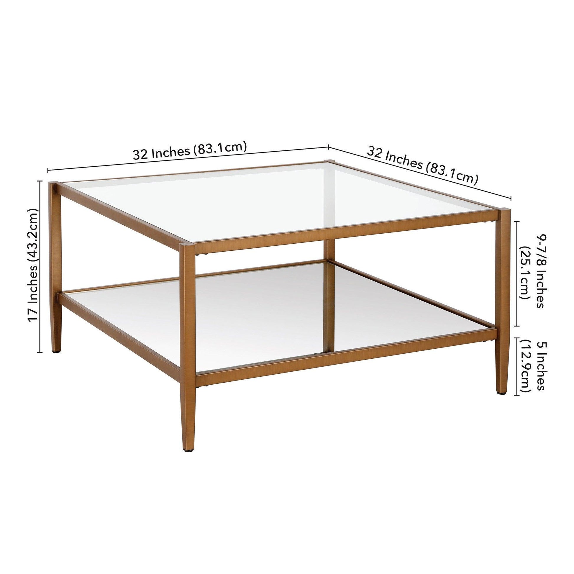 32" Gold Glass And Steel Square Coffee Table With Shelf - FurniFindUSA