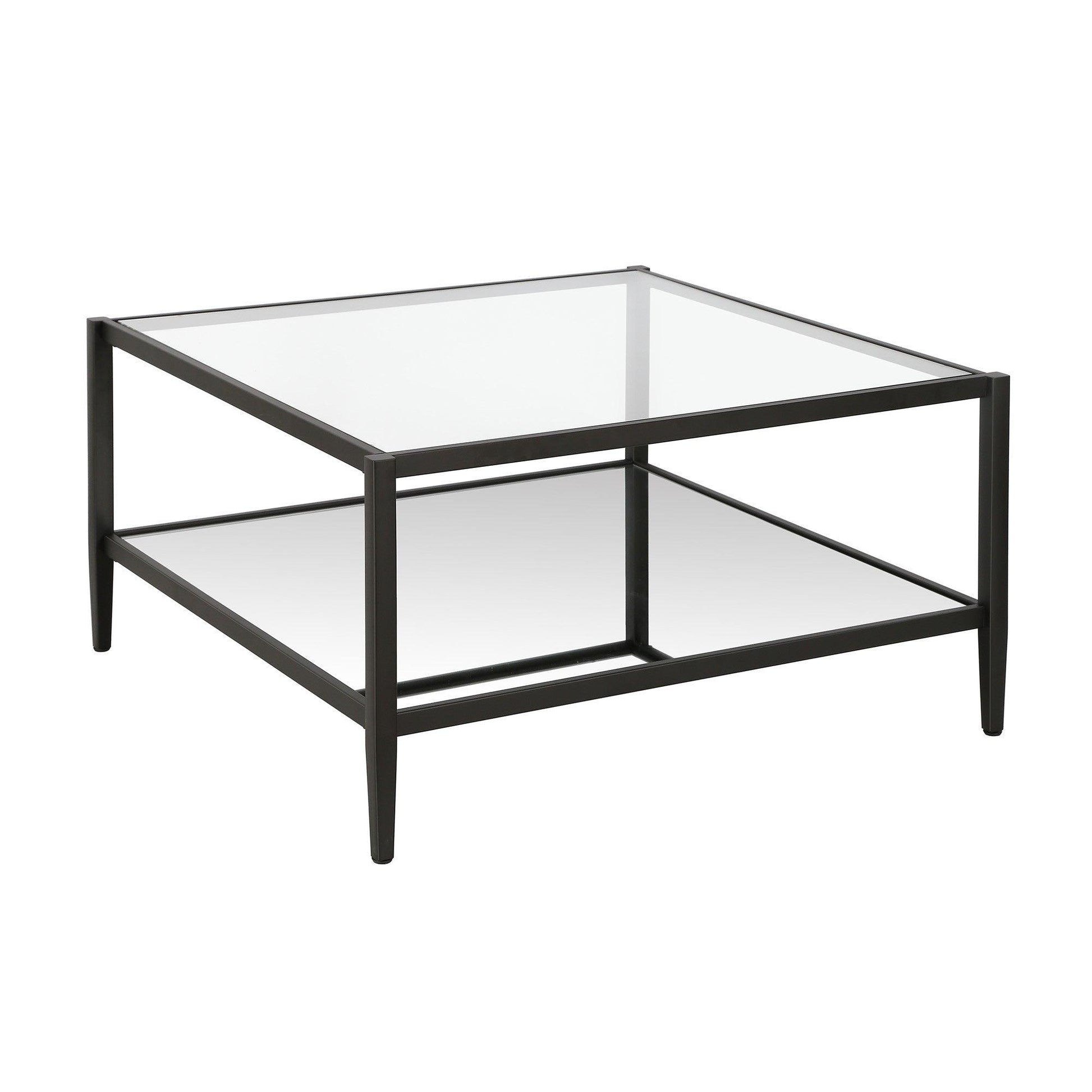 32" Black Glass And Steel Square Coffee Table With Shelf - FurniFindUSA