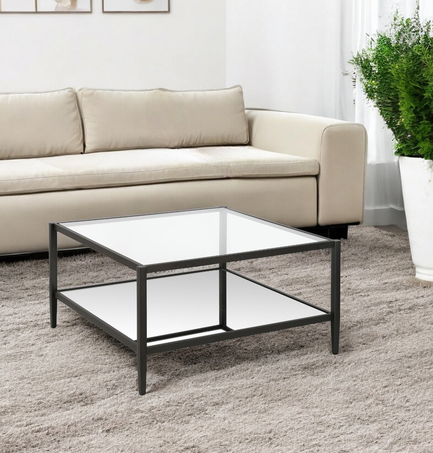 32" Clear And Black Glass And Steel Square Coffee Table With Shelf