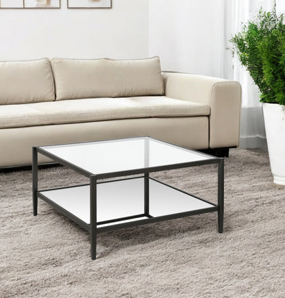 32" Clear And Black Glass And Steel Square Coffee Table With Shelf