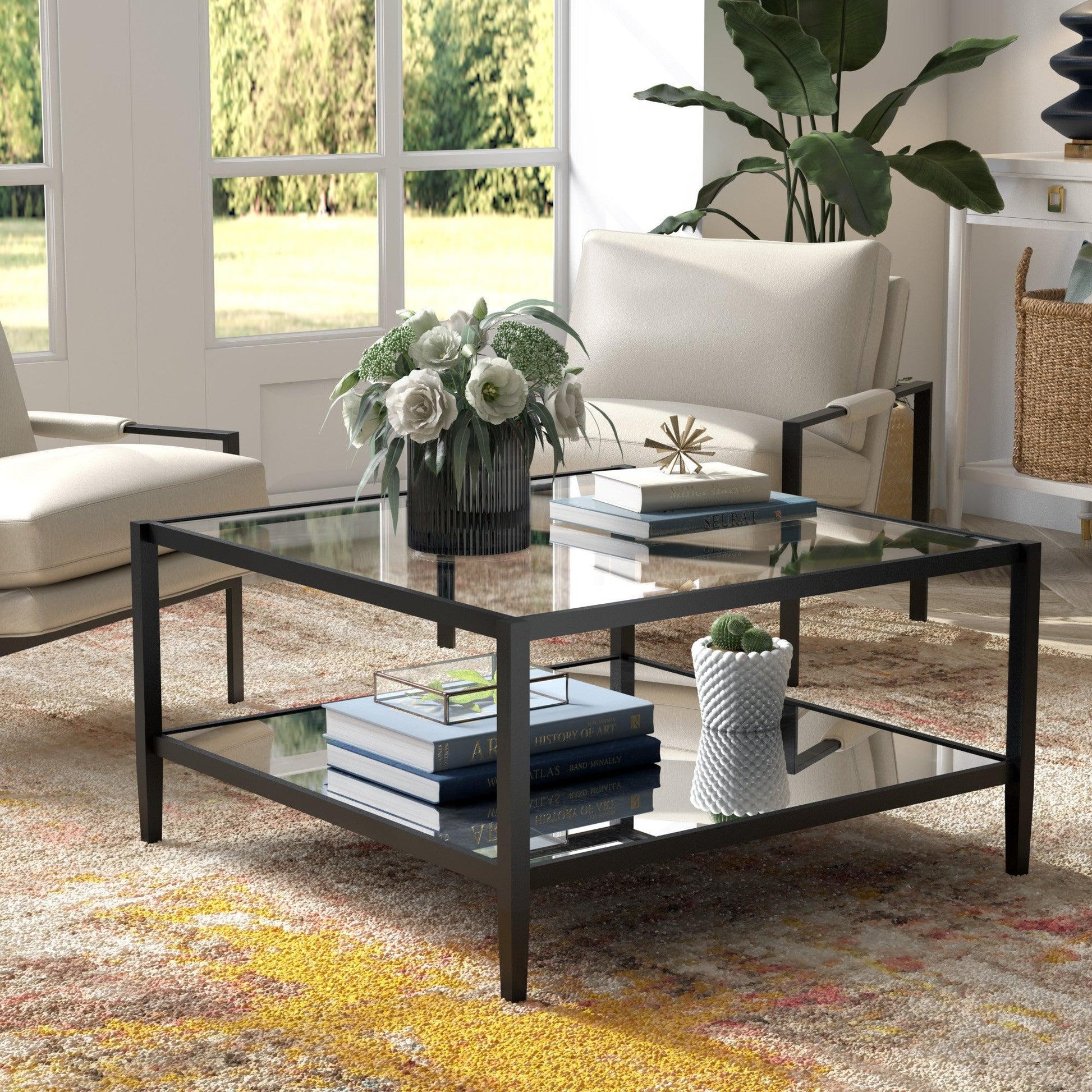 32" Black Glass And Steel Square Coffee Table With Shelf - FurniFindUSA