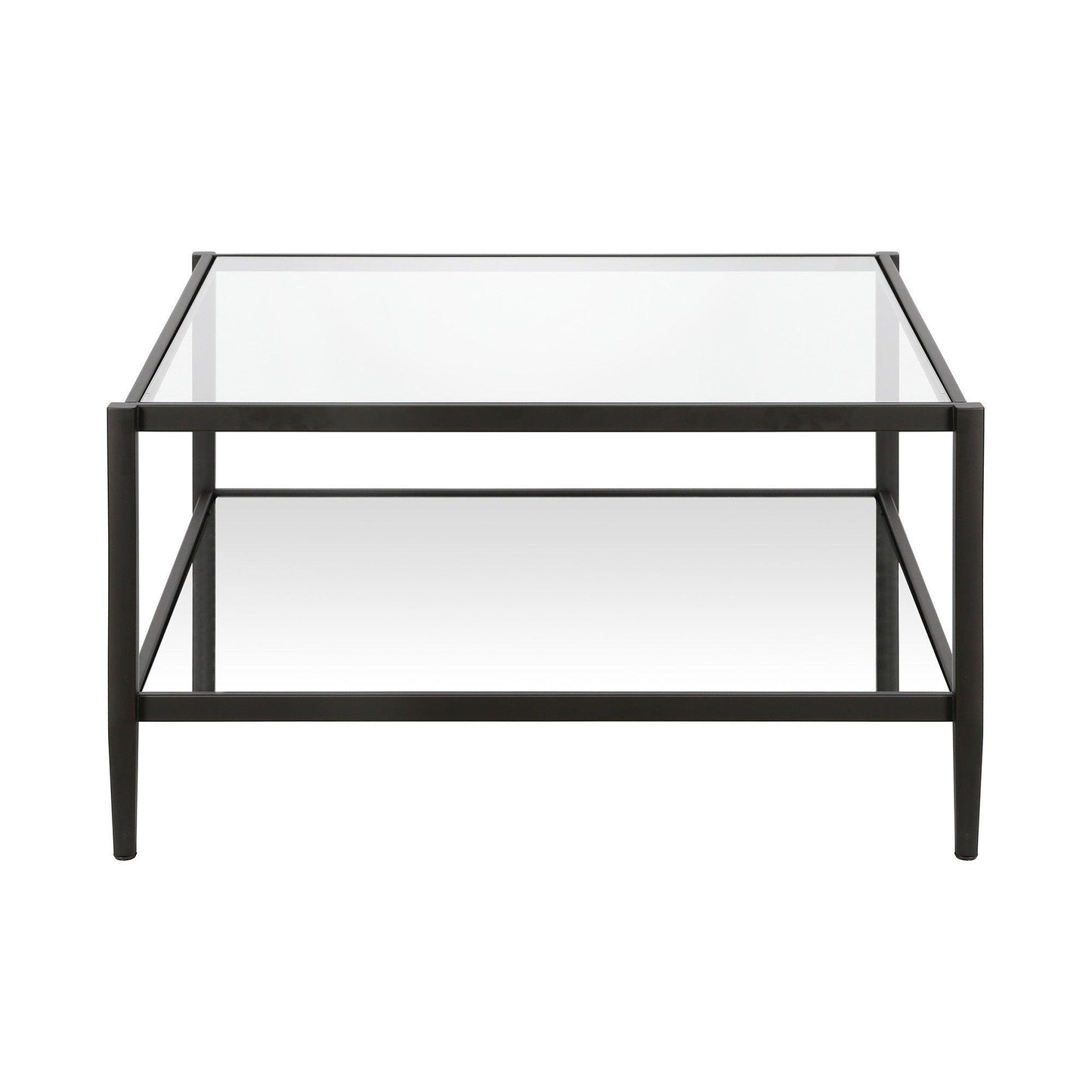 32" Black Glass And Steel Square Coffee Table With Shelf - FurniFindUSA