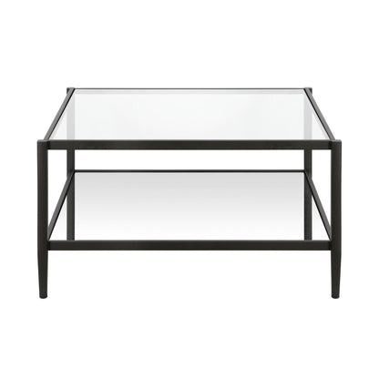 32" Black Glass And Steel Square Coffee Table With Shelf - FurniFindUSA