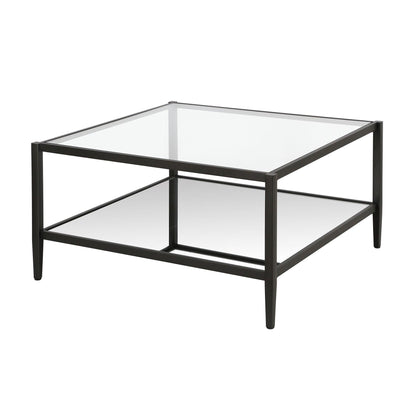 32" Black Glass And Steel Square Coffee Table With Shelf - FurniFindUSA