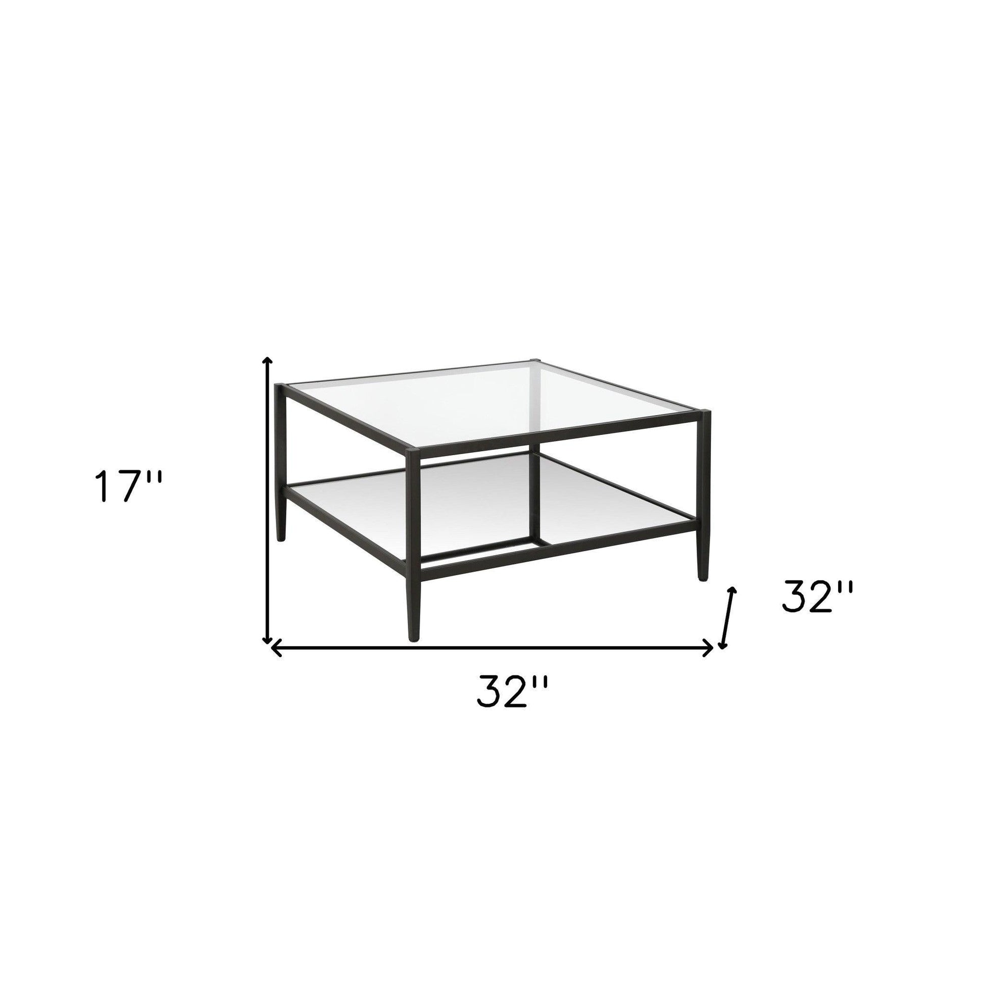 32" Black Glass And Steel Square Coffee Table With Shelf - FurniFindUSA