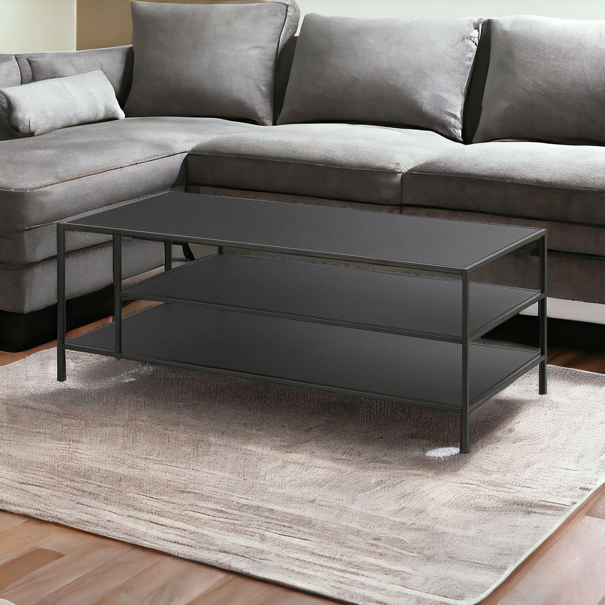 46" Black Steel Coffee Table With Two Shelves - FurniFindUSA