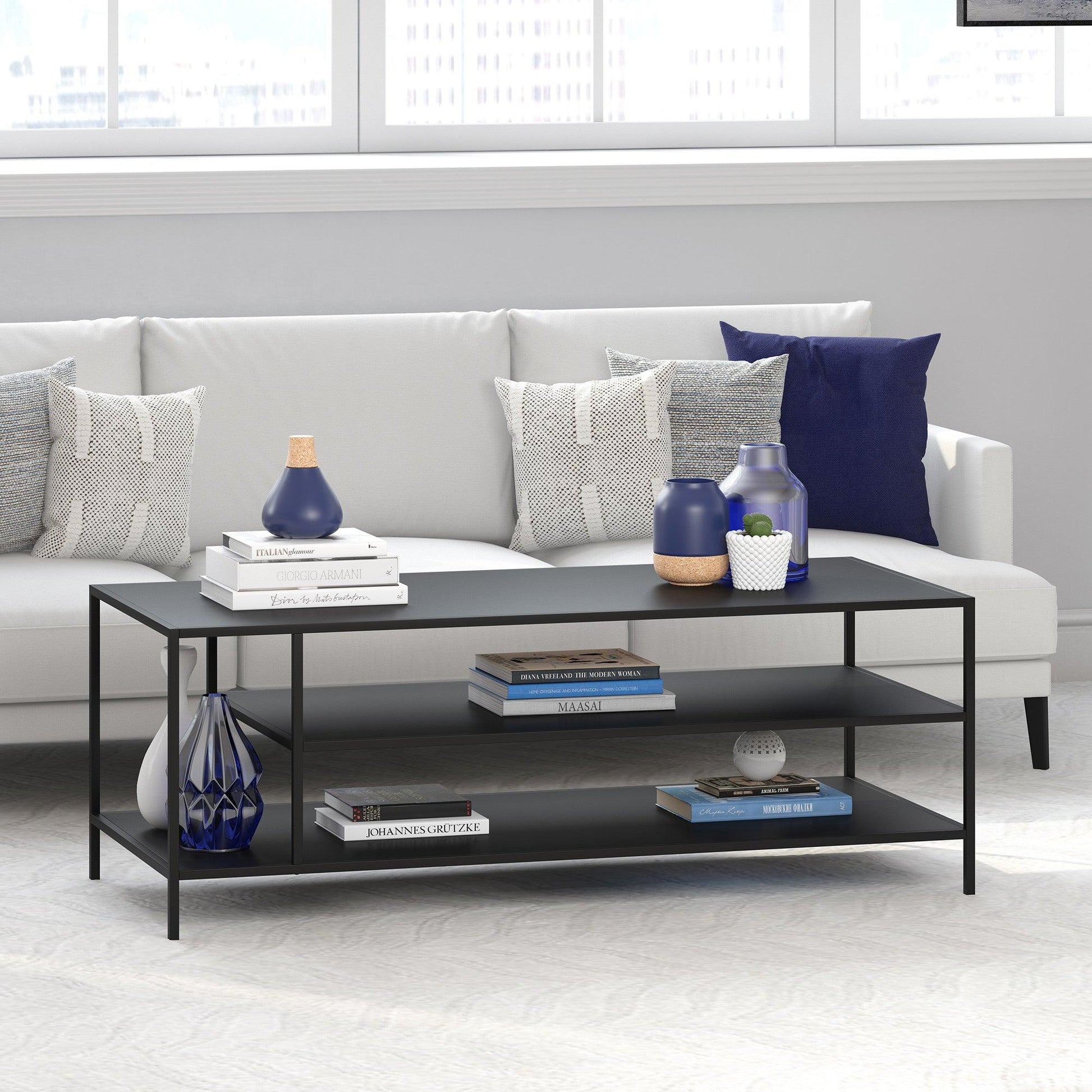 46" Black Steel Coffee Table With Two Shelves - FurniFindUSA