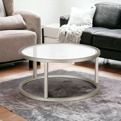 35" Silver Glass And Steel Round Coffee Table - FurniFindUSA