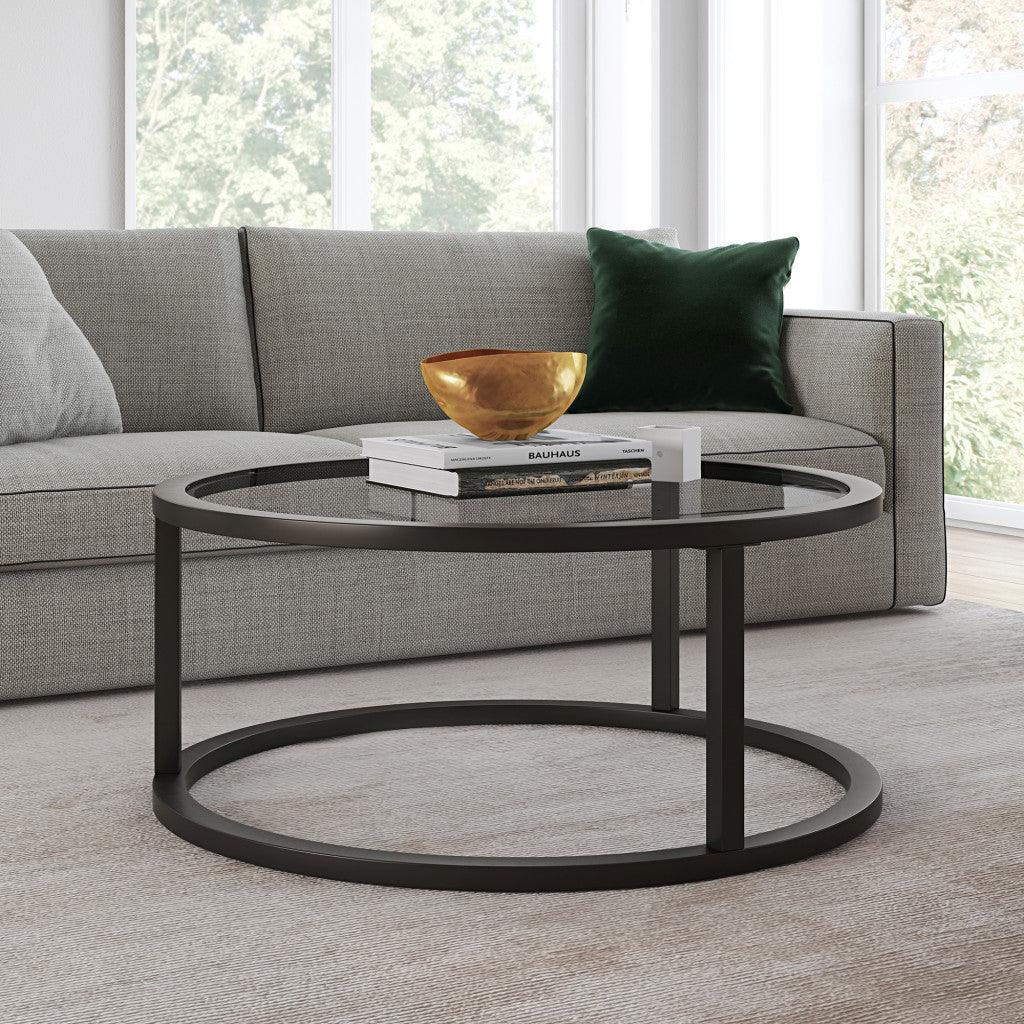 35" Black Glass And Steel Round Coffee Table - FurniFindUSA