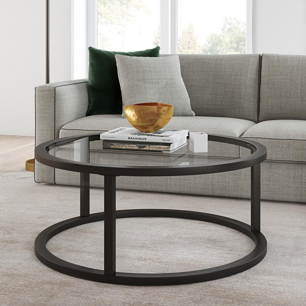 35" Black Glass And Steel Round Coffee Table - FurniFindUSA