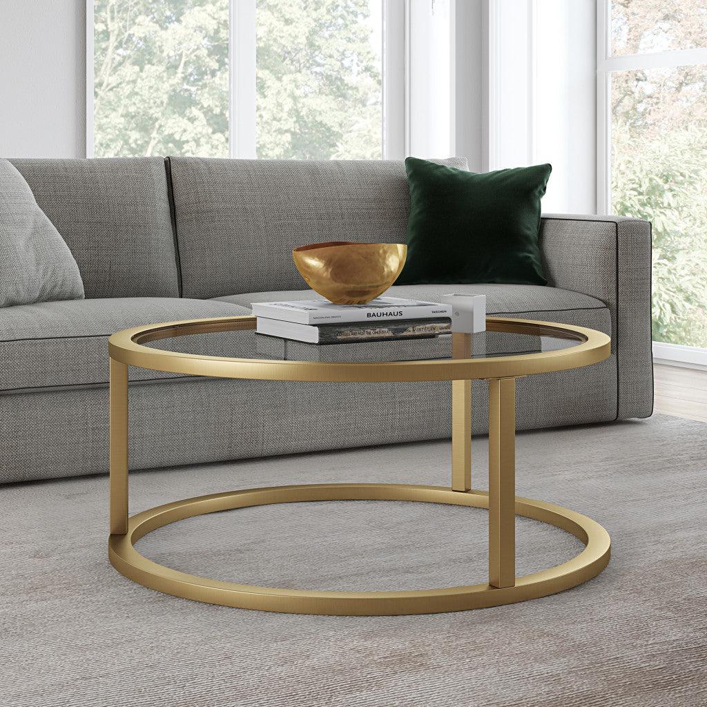 35" Gold Glass And Steel Round Coffee Table - FurniFindUSA