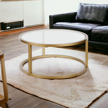 35" Gold Glass And Steel Round Coffee Table - FurniFindUSA