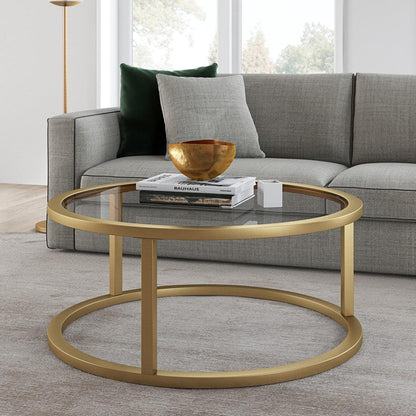 35" Gold Glass And Steel Round Coffee Table - FurniFindUSA