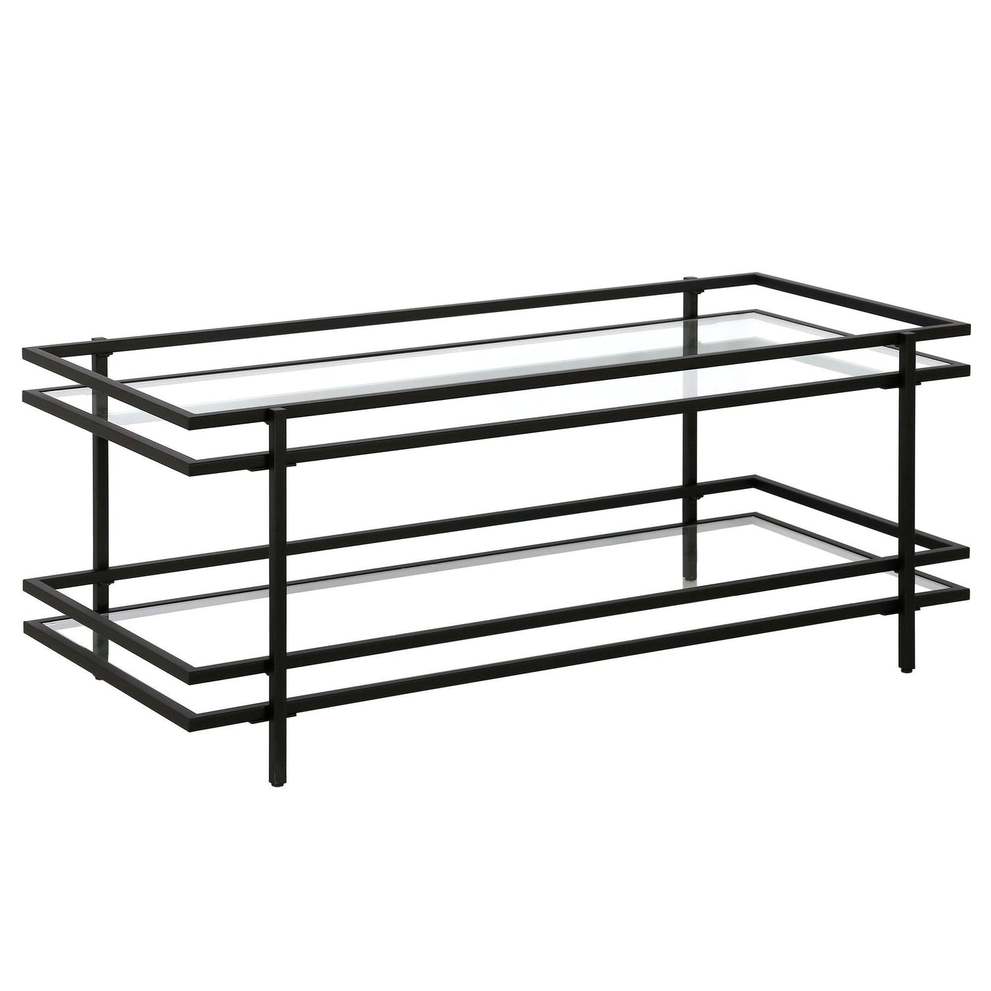 45" Black Glass And Steel Coffee Table With Shelf - FurniFindUSA