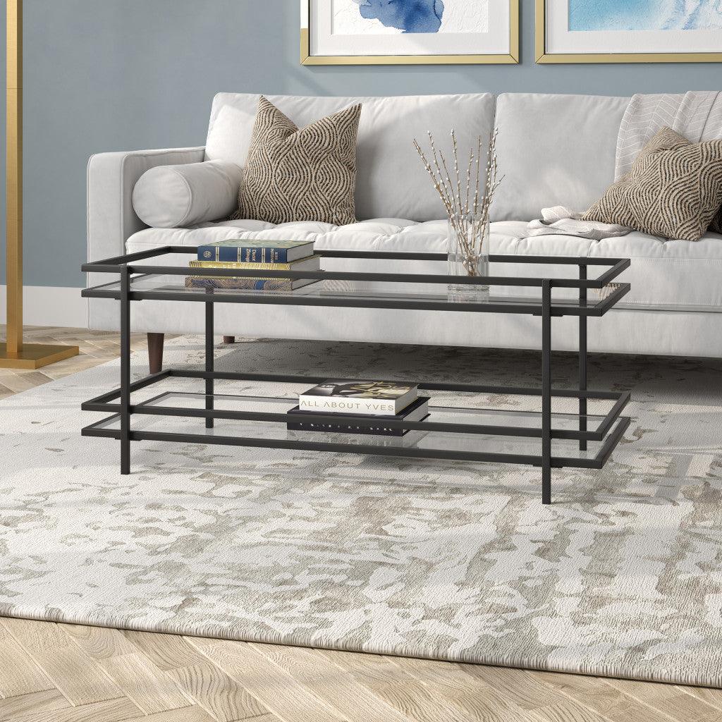 45" Black Glass And Steel Coffee Table With Shelf - FurniFindUSA