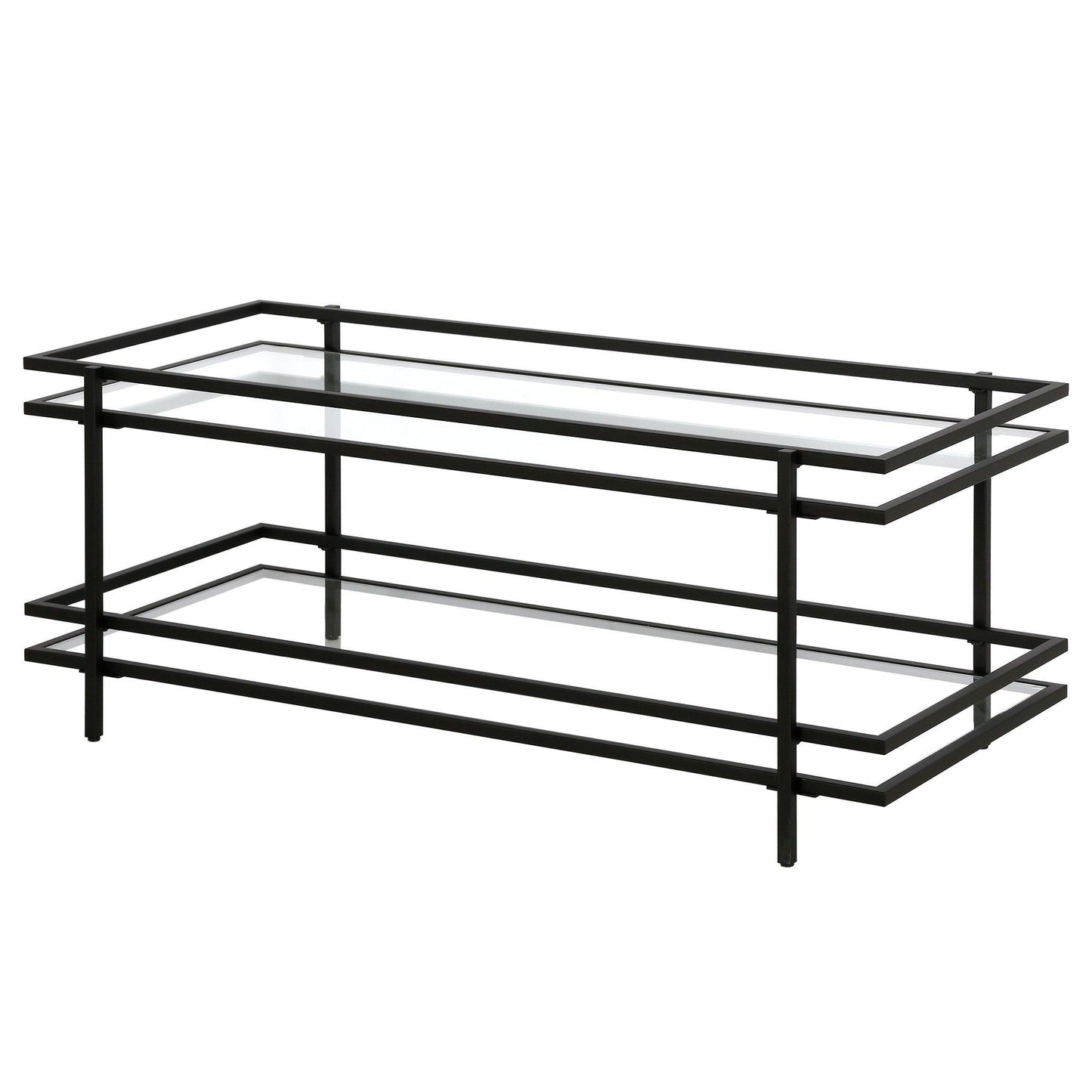 45" Black Glass And Steel Coffee Table With Shelf - FurniFindUSA