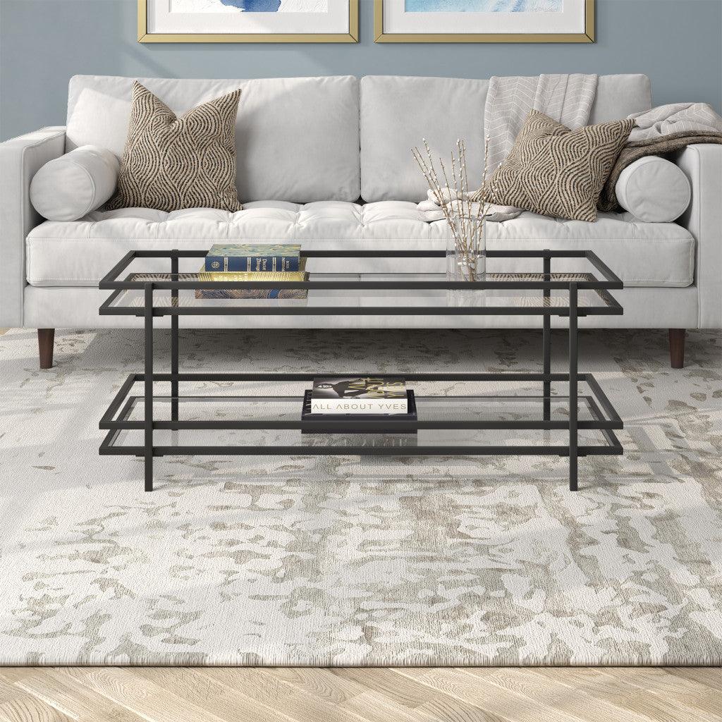 45" Black Glass And Steel Coffee Table With Shelf - FurniFindUSA