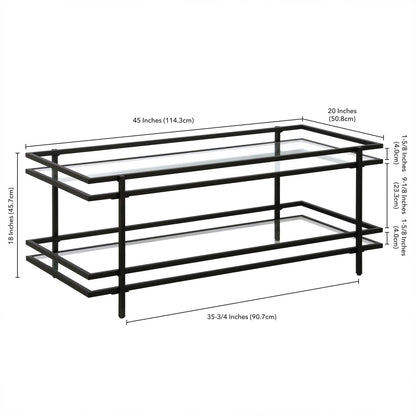 45" Black Glass And Steel Coffee Table With Shelf - FurniFindUSA