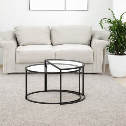 Set of Two 33" Black Glass And Steel Half Circle Nested Coffee Tables